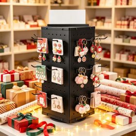 7.4 x 7.4 x 17 in Rotating Pegboard Display Stand, 4-Sided Spinning Retail Organizer with 24 Hooks for Grocery & Jewelry Shop