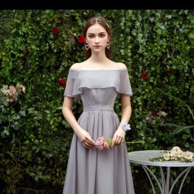 Bridesmaid Long Gray Bridesmaid Sisters Wedding Slimming Off-shoulder Banquet Dress (Option: Gray B-XS)